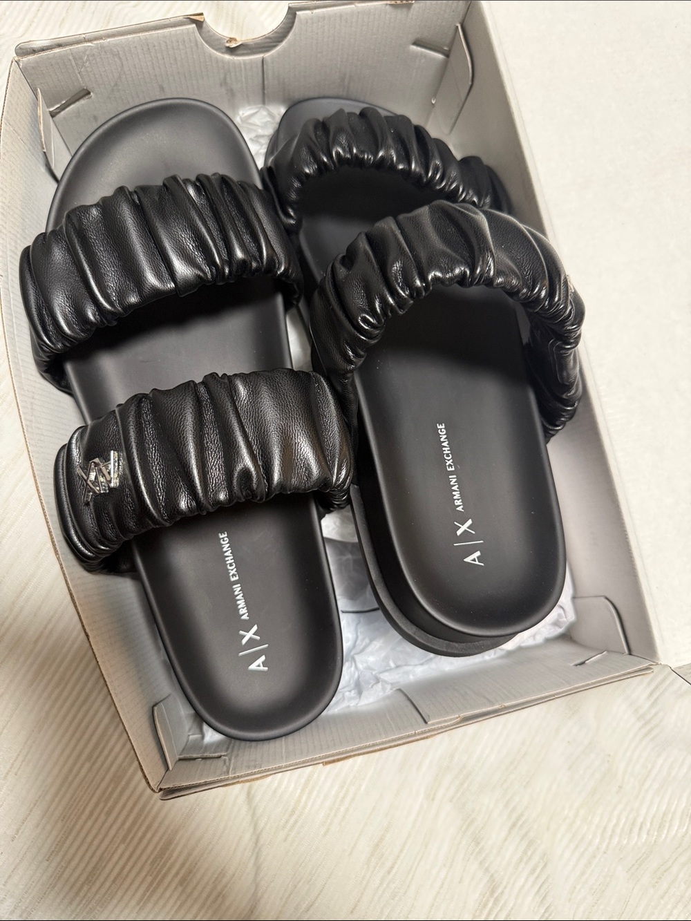 A/X Armani Exchange Black Ruched Double-Strap Slide Sandals with Logo Accent